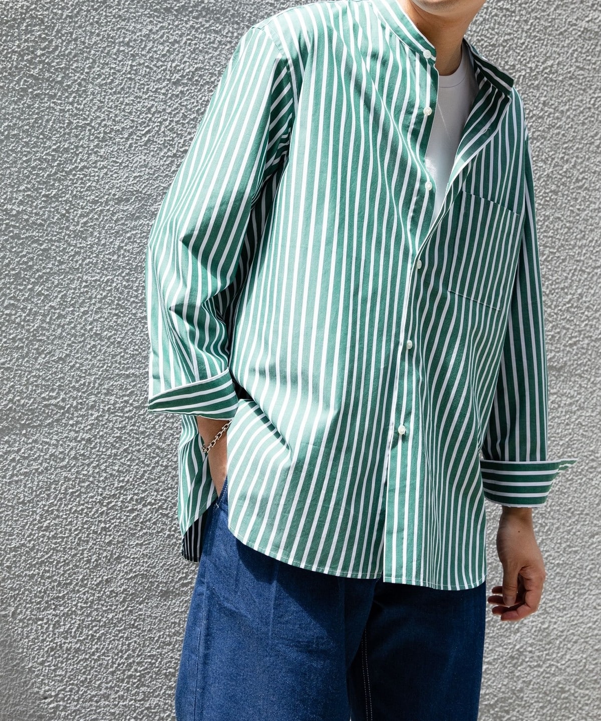 SHIPS別注】Cristaseya: cotton green striped mao shirt: シャツ