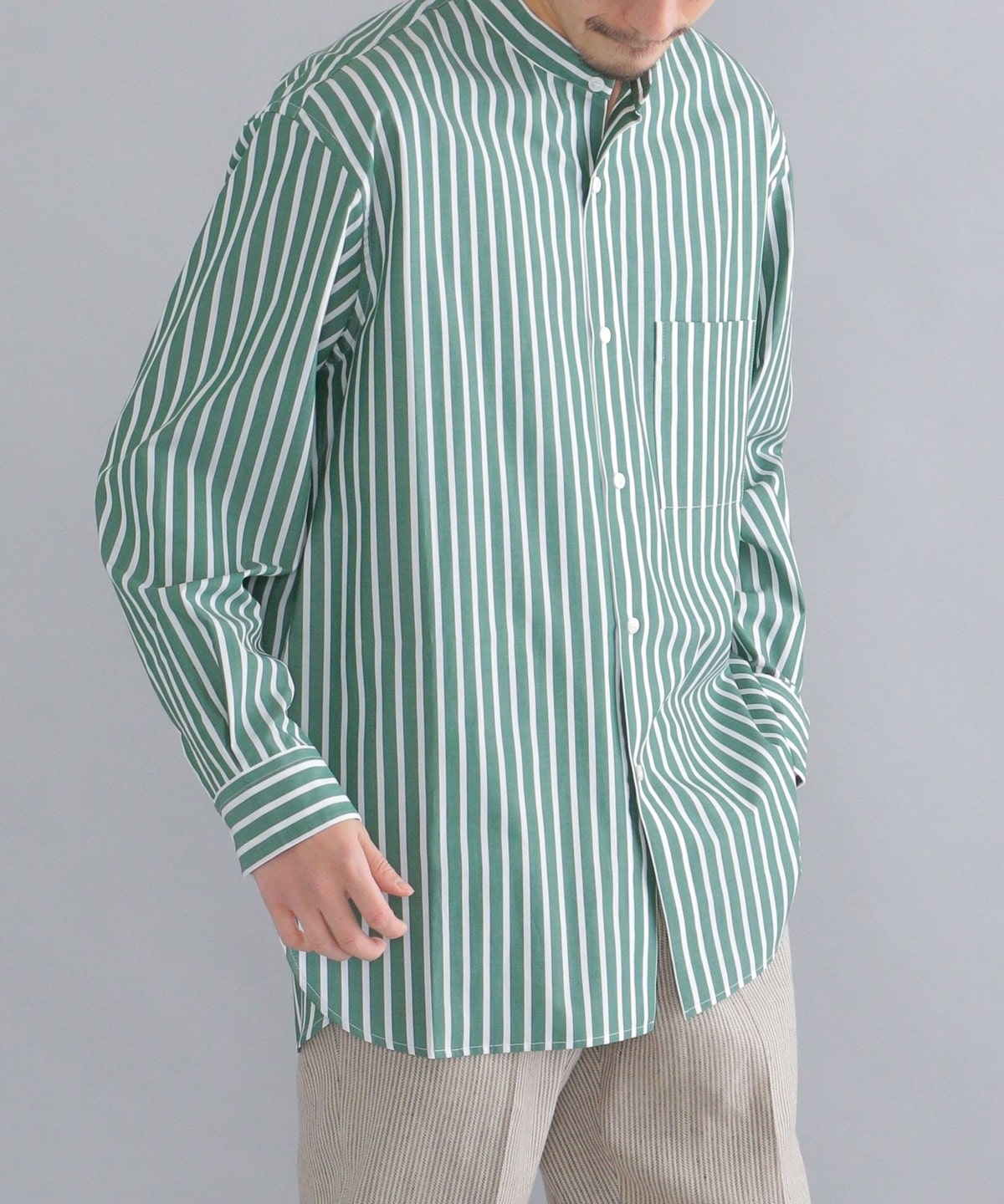 SHIPS別注】Cristaseya: cotton green striped mao shirt: シャツ