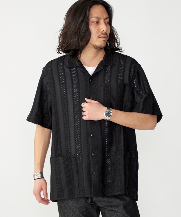 BENCH MARKING SHIRT: ストライプレース オープンカラー 半袖 シャツ