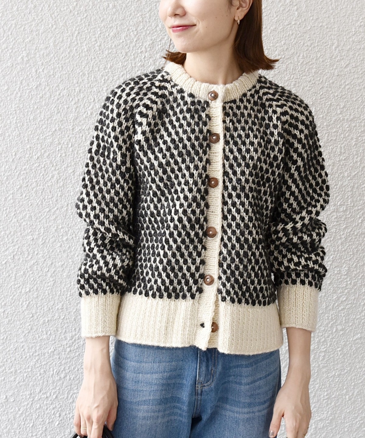 SHIPS any別注】NEPAL HAND KNIT: クルーネック ドット カーディガン